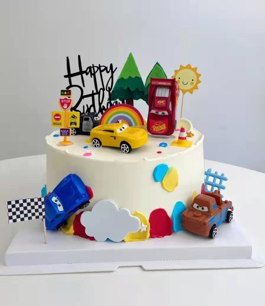 1st Birthday Baby Pennant Banner Car Theme 2 tier Cake