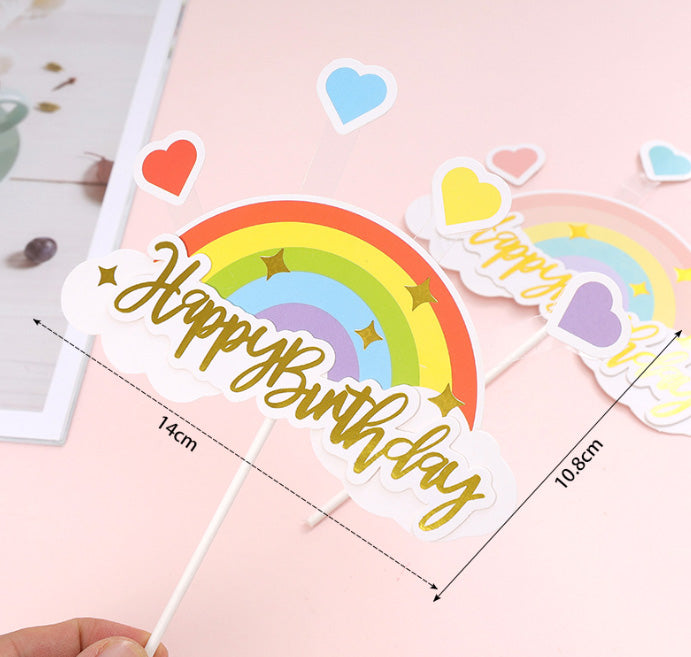 Rainbow happy birthday blue pink cake topper with ribbon cloud star cu ...