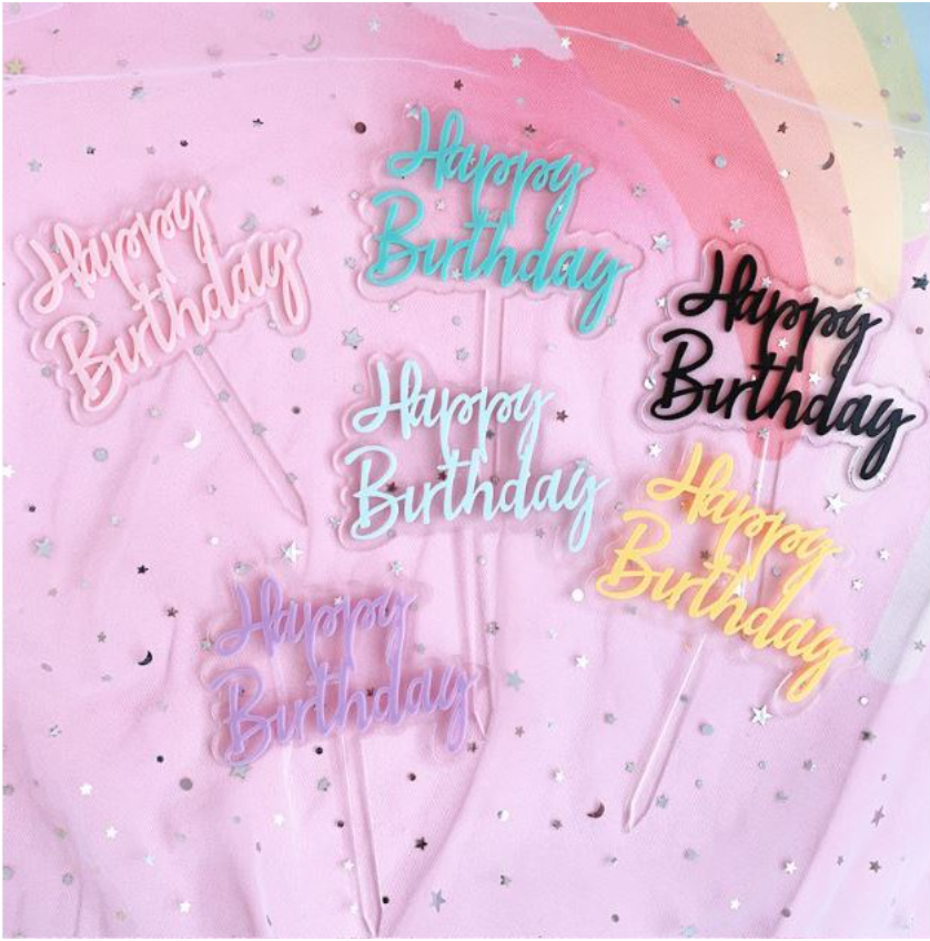 Happy birthday topper yellow blue pink black celebration cake gift tag